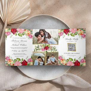 Invitation Trois Volets Code QR de mariage aux roses roses et rouges roman