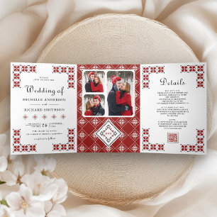 Invitation Trois Volets Code QR de mariage de broderie ukrainienne rouge e