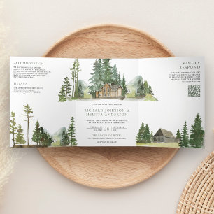 Invitation Trois Volets Code QR de mariage de chalet de lodge de forêt de