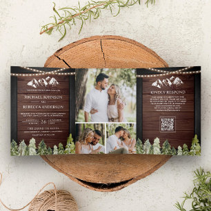 Invitation Trois Volets Code QR de mariage en bois rustique de montagne fo