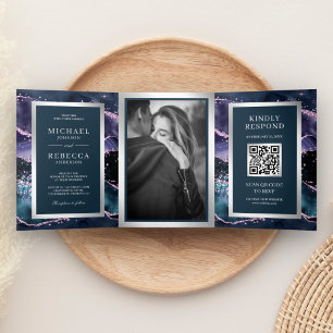 Invitation Trois Volets Code QR de mariage en marbre d'agate bleu et viole