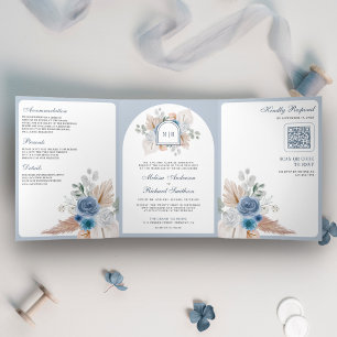 Invitation Trois Volets Code QR de mariage floral boho dusty blue pampas