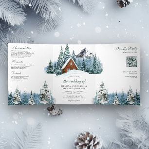 Invitation Trois Volets Code QR de mariage Lodge de cabane de forêt de mon