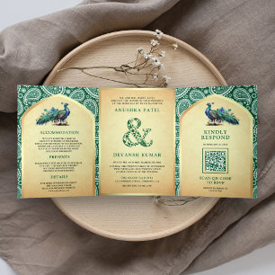Invitation Trois Volets Code QR de mariage Paon Indien Paisley Vert