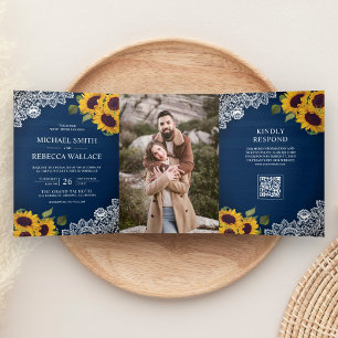 Invitation Trois Volets Code QR de mariage Photo Tournesol Bois Navy Dente