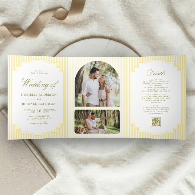 Invitation Trois Volets Code QR de mariage rayé jaune classique (Créateur téléchargé)