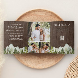 Invitation Trois Volets Code QR de mariage Rustique Bois Forêt de pins de