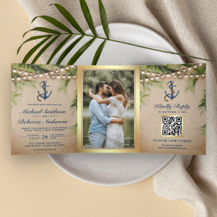Invitation Trois Volets Code QR de mariage rustique toile de jute palmier