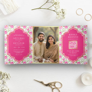 Invitation Trois Volets Code QR de motif floral rose Rani pour mariage ind