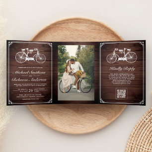 Invitation Trois Volets Code QR de photo de bicyclette en tandem de mariag
