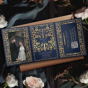 Invitation Trois Volets Code QR du Mariage d'épée médiévale bleu Royal