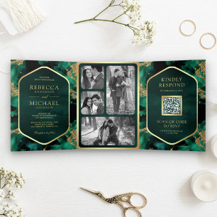 Invitation Trois Volets Code QR Encre Fluide Abstraite Or Émeraude Mariage