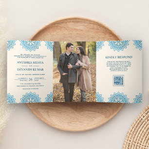 Invitation Trois Volets Code QR Ethnique Mandala Bleu Ivoire Mariage Indie