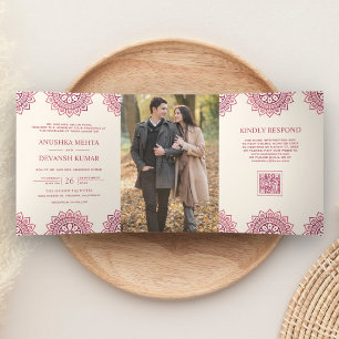 Invitation Trois Volets Code QR Ethnique Mandala Rose Ivoire Mariage Indie