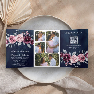 Invitation Trois Volets Code QR Fleurs Rose Poussiéreux Violet Mariage Nui