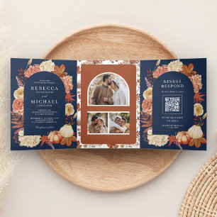 Invitation Trois Volets Code QR Floral Citrouille en Terracotta Mariage Bl