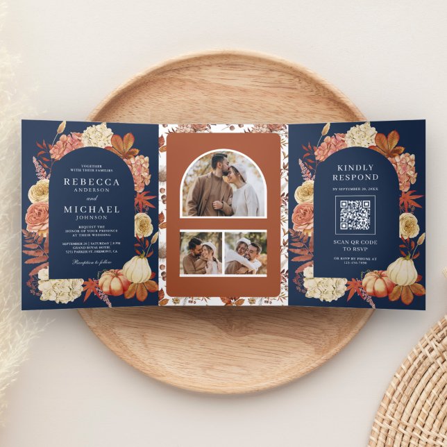Invitation Trois Volets Code QR Floral Citrouille en Terracotta Mariage Bl (Créateur téléchargé)