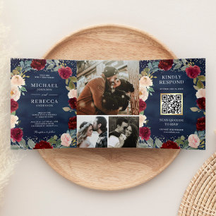 Invitation Trois Volets Code QR Floral de pêche de Bourgogne Mariage bleu 