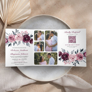 Invitation Trois Volets Code QR Floral Mariage Rose Poussiéreux Prune Viol