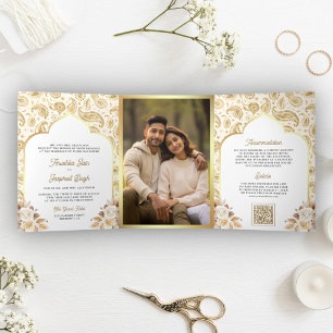 Invitation Trois Volets Code QR floral paisley or crème pour mariage indie
