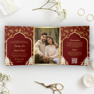 Invitation Trois Volets Code QR floral paisley or rouge mariage indien