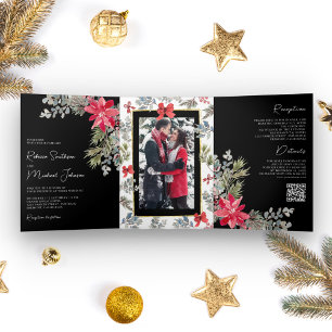 Invitation Trois Volets Code QR Floral Poinsettia Noir Mariage de Noël