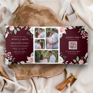 Invitation Trois Volets Code QR Floral Rose Pâle Bourgogne Mariage