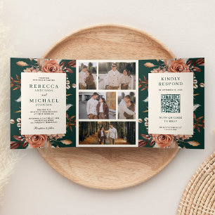 Invitation Trois Volets Code QR floral terracotta crème mariage émeraude