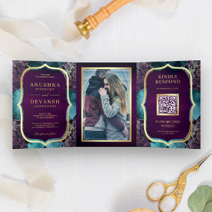 Invitation Trois Volets Code QR Mandala Violet Galaxie Sarcelle Mariage In