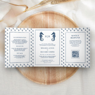 Invitation Trois Volets Code QR mariage à l'ancre nautique bleue et hippoc