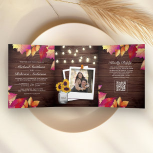 Invitation Trois Volets Code QR Mariage Feuilles d'Automne Bois Rustique