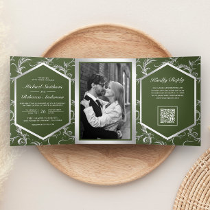 Invitation Trois Volets Code QR Mariage Floraison Argent Vert Olive