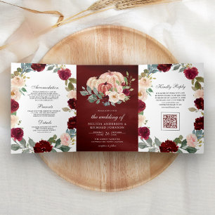 Invitation Trois Volets Code QR Mariage Floral Citrouille Pêche Bourgogne