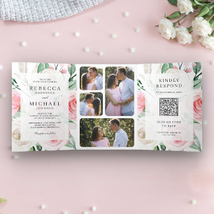 Invitation Trois Volets Code QR Mariage Floral Rose Pâle Ivoire Rustique