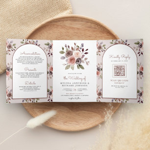 Invitation Trois Volets Code QR mariage floral taupe terreux neutre bohème