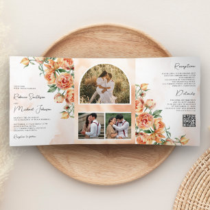 Invitation Trois Volets Code QR Mariage Floral Terreux Pêche Rustique