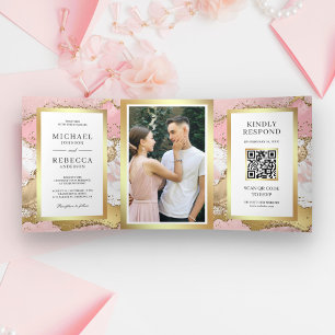 Invitation Trois Volets Code QR Mariage Marbre Agate Or Rose Blush