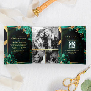 Invitation Trois Volets Code QR Mariage Marbre Floral Or Vert Menthe