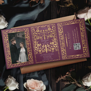 Invitation Trois Volets Code QR Mariage Mauve Royal Medieval