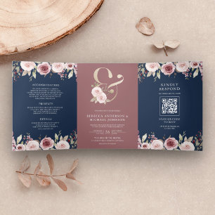 Invitation Trois Volets Code QR mariage Navy Fleurs Rose Poussiéreuse Espe