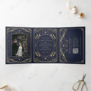 Invitation Trois Volets Code QR Mariage or et marine Elegant Tarot
