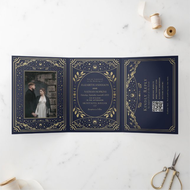 Invitation Trois Volets Code QR Mariage or et marine Elegant Tarot (Intérieur)