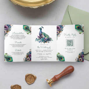 Invitation Trois Volets Code QR mariage plume florale paon aquarelle