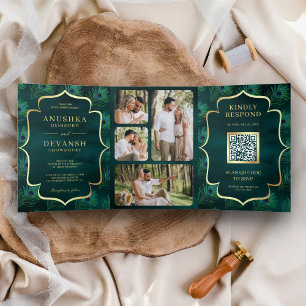 Invitation Trois Volets Code QR mariage plumes de paon sarcelle foncé