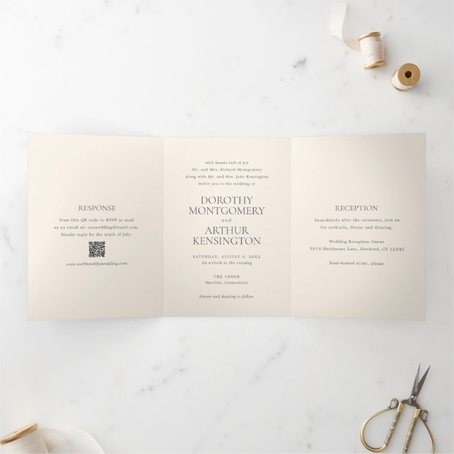 Invitation Trois Volets Code QR neutre Terre moderne Mariage élégant (Intérieur)