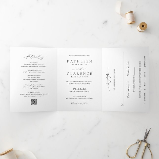 Invitation Trois Volets Code QR noir et blanc classique Mariage élégant (Intérieur)