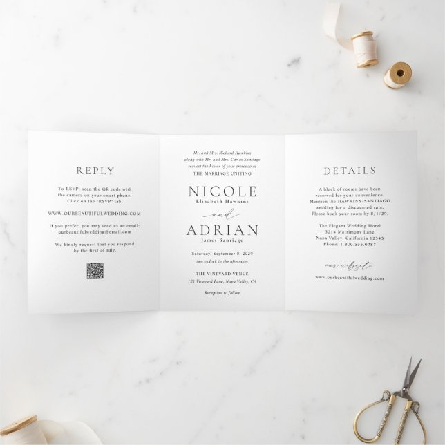 Invitation Trois Volets Code QR noir et blanc classique Mariage élégant (Intérieur)