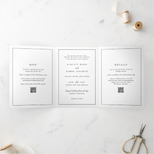 Invitation Trois Volets Code QR noir et blanc intemporel Élégant mariage