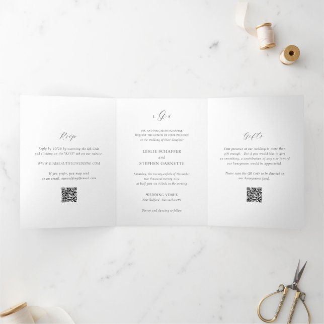 Invitation Trois Volets Code QR noir et blanc intemporel Mariage élégant (Intérieur)