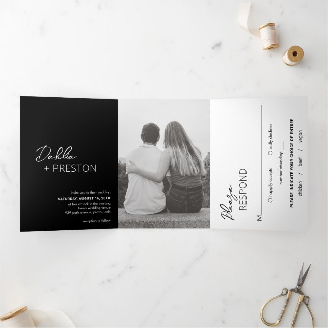 Invitation Trois Volets Code QR noir minimum Mariage moderne (Intérieur)